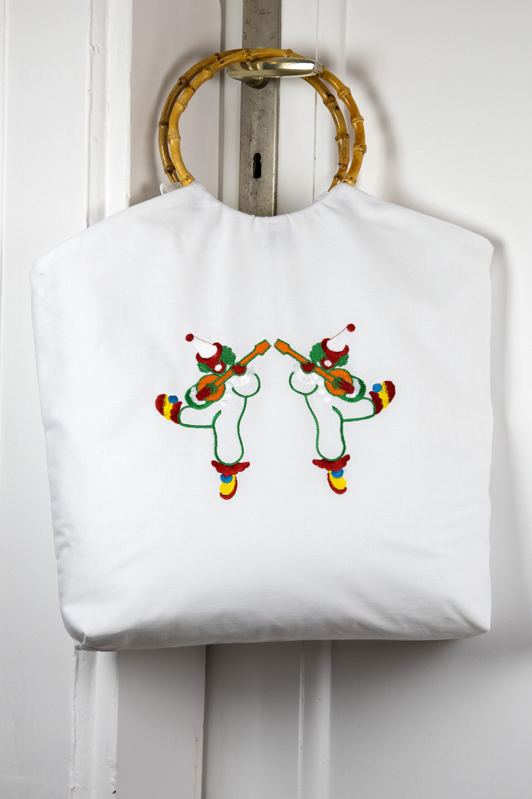 Stofftasche mit Bambusgriffen "Musizierende Clowns"
