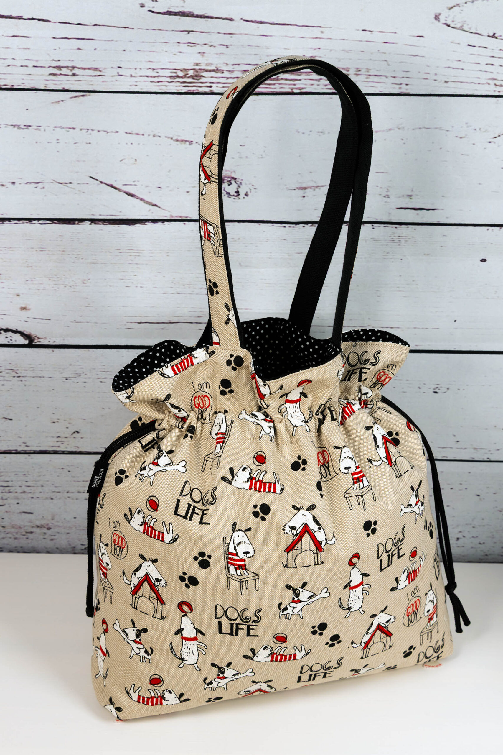 🧵 Handgemachte Handtasche Dogs Life - Innenfutter Punkte schwarz