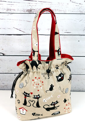 🧵 Handgemachte Handtasche Katzen 48 - Innenfutter Punkte rot