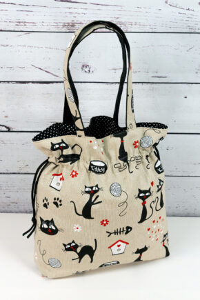🧵 Handgemachte Handtasche Katzen 48 - Innenfutter Punkte schwarz