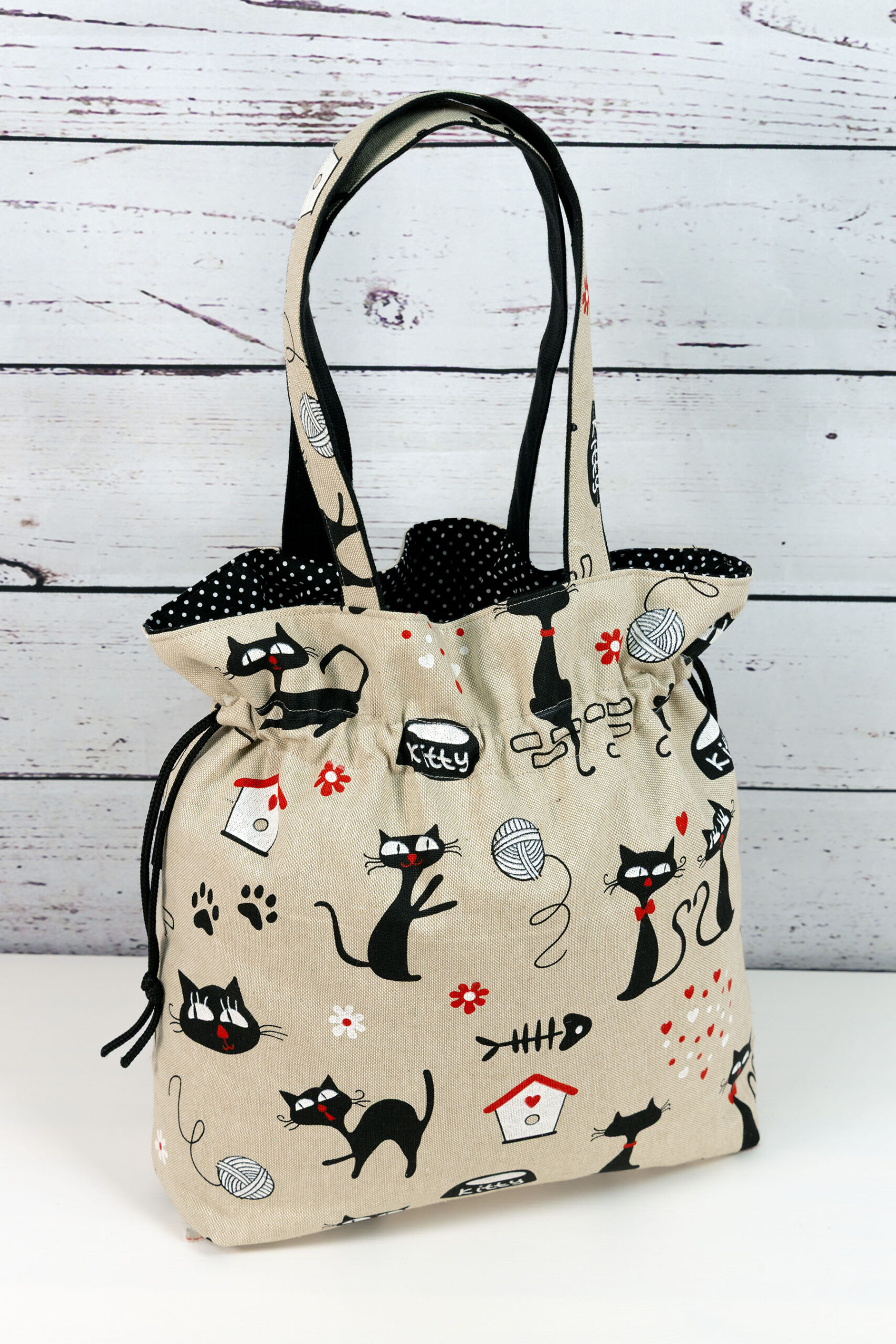 🧵 Handgemachte Handtasche Katzen 48 - Innenfutter Punkte schwarz