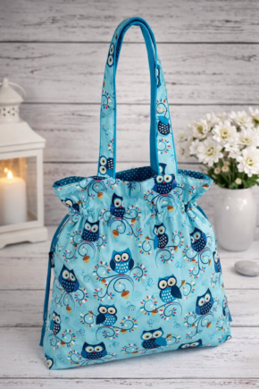 🧵 Handgemachte Handtasche Eulen 2 - Innenfutter Punkte türkis