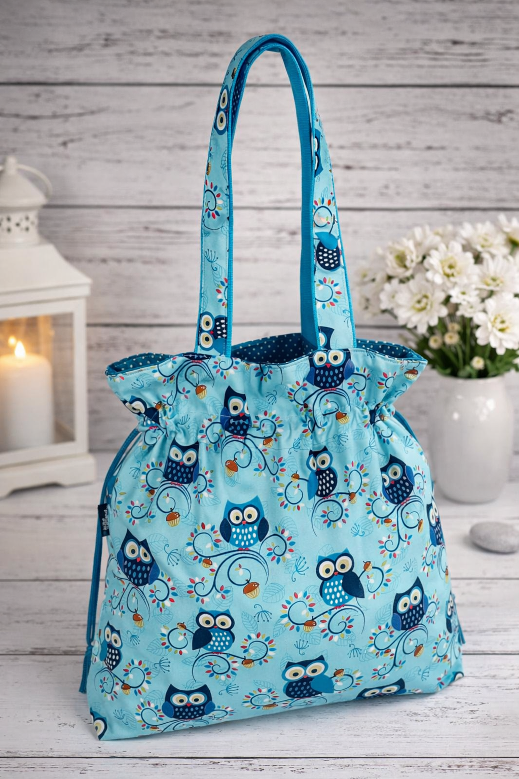 🧵 Handgemachte Handtasche Eulen 2 - Innenfutter Punkte türkis