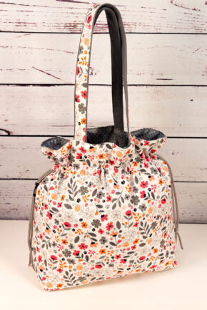 🧵 Handgemachte Handtasche Blumen 42 - Innenfutter Punkte grau