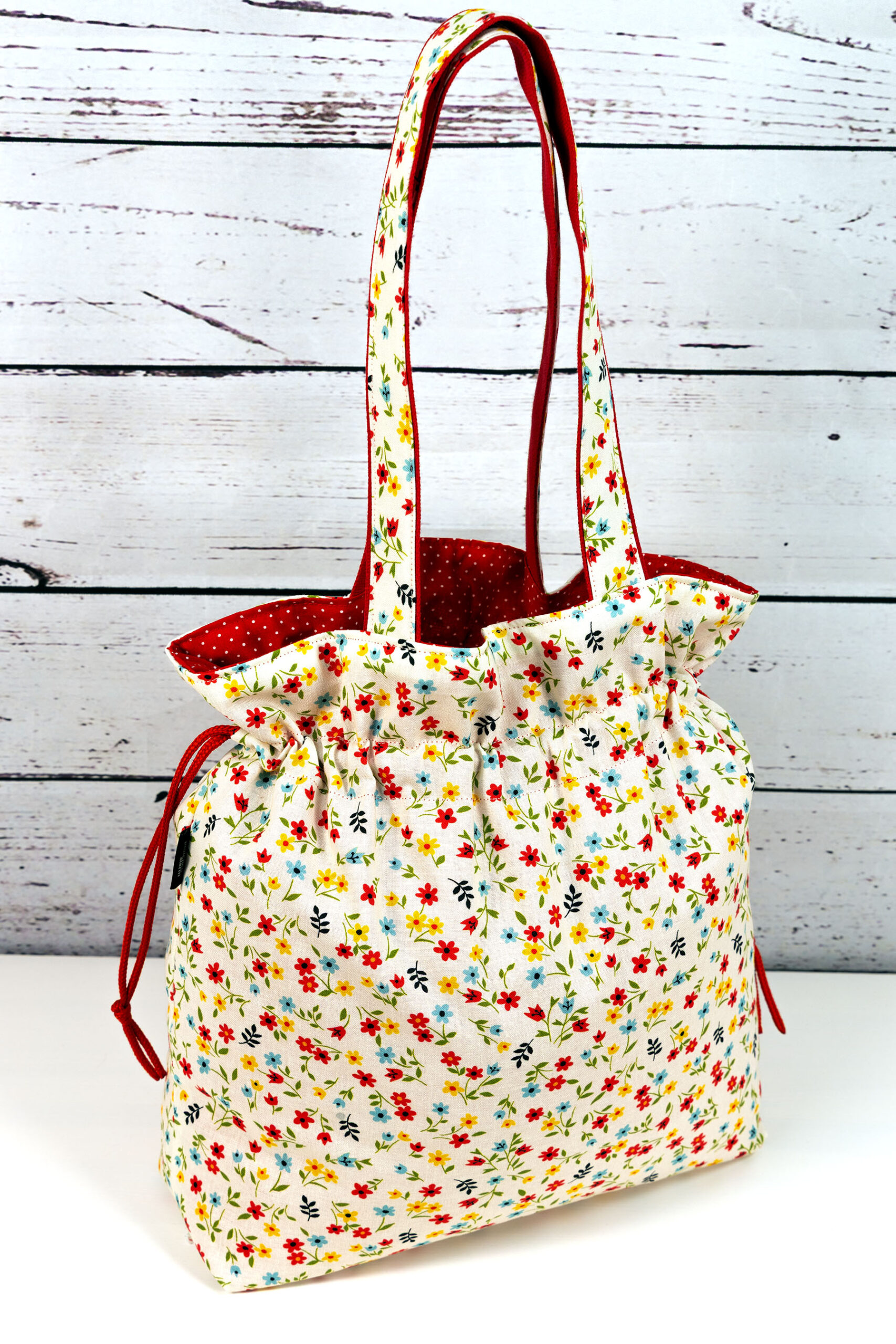 🧵 Handgemachte Handtasche Blumen 46 - Innenfutter Punkte rot