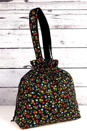 🧵 Handgemachte Handtasche Blumen 58 - Innenfutter Punkte schwarz
