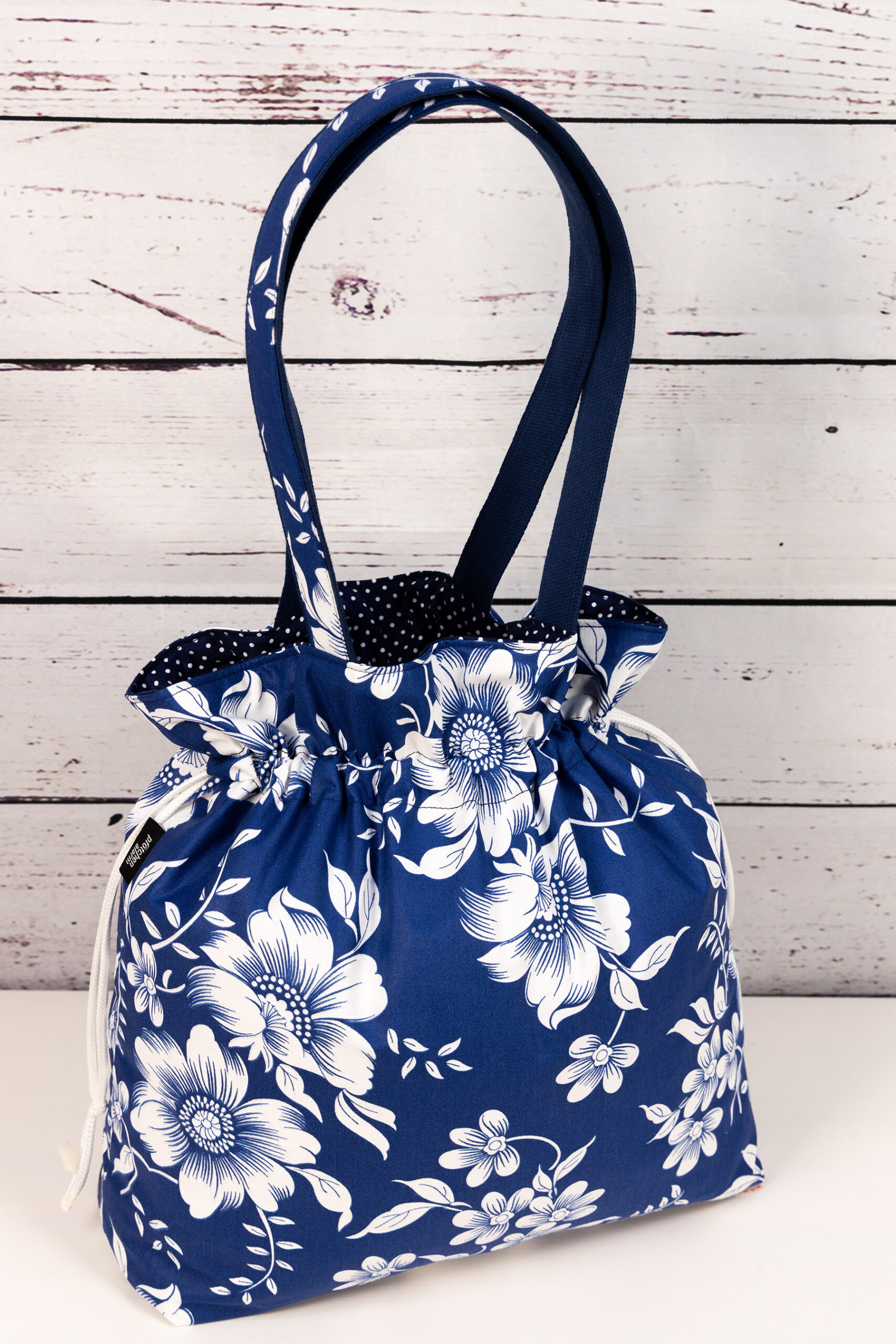 🧵 Handgemachte Handtasche Blumen 60 - Innenfutter Punkte blau