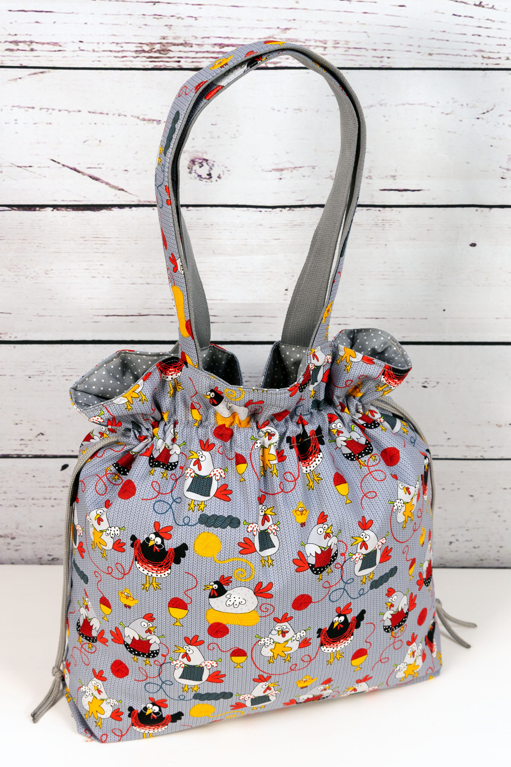 🧵 Handgemachte Handtasche Bunte Motive 58 - Innenfutter Punkte grau