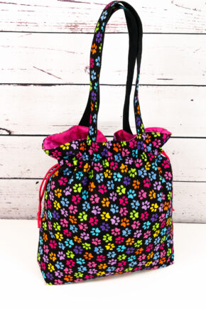 🧵 Handgemachte Handtasche Bunte Pfötchen - Innenfutter uni pink