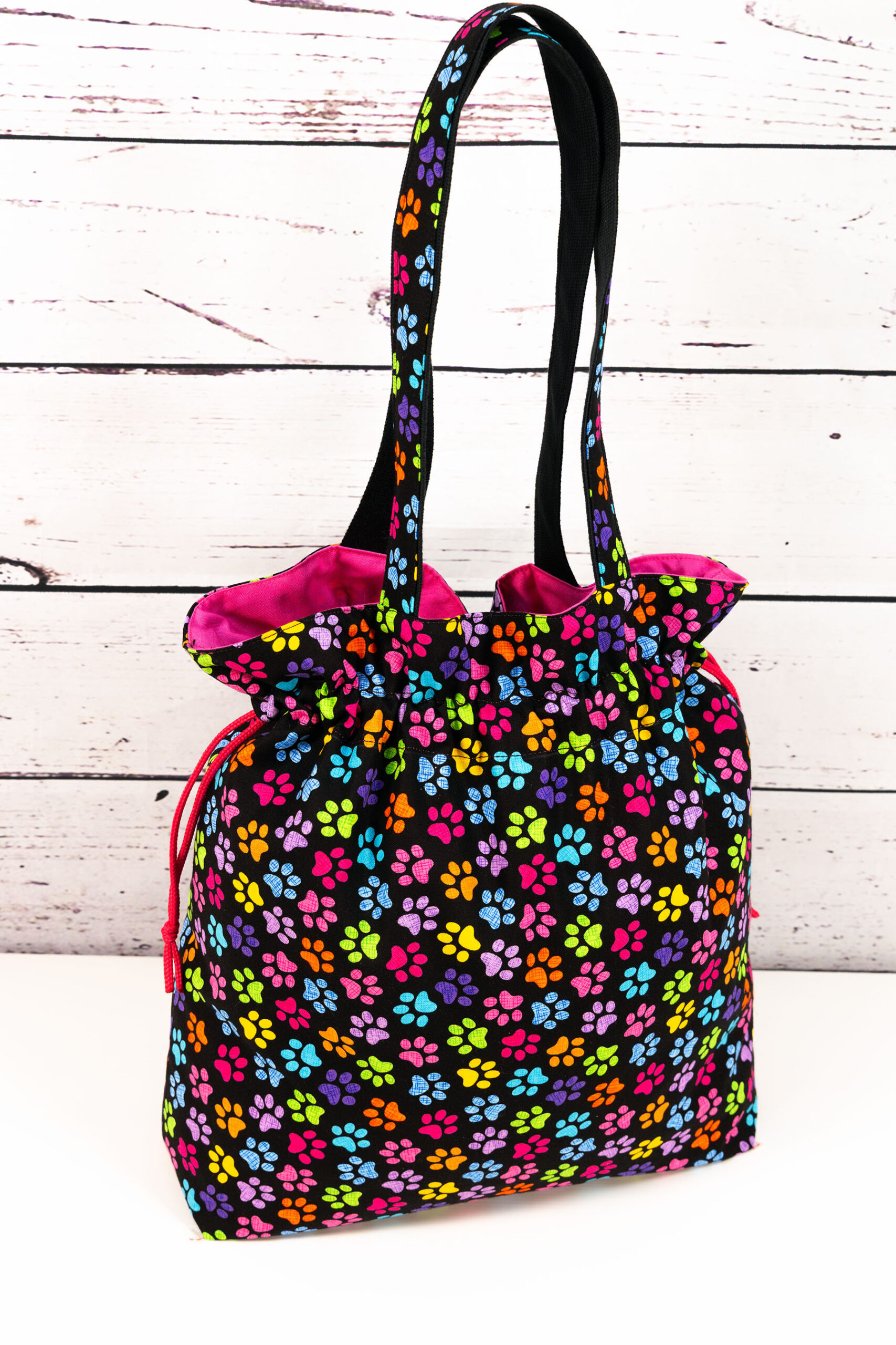 🧵 Handgemachte Handtasche Bunte Pfötchen - Innenfutter uni pink
