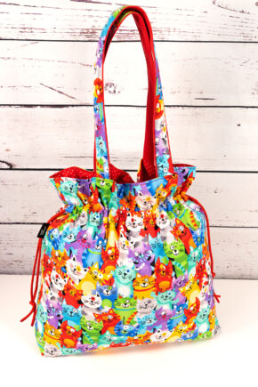 🧵 Handgemachte Handtasche Comic Katzen - Innenfutter Punkte rot