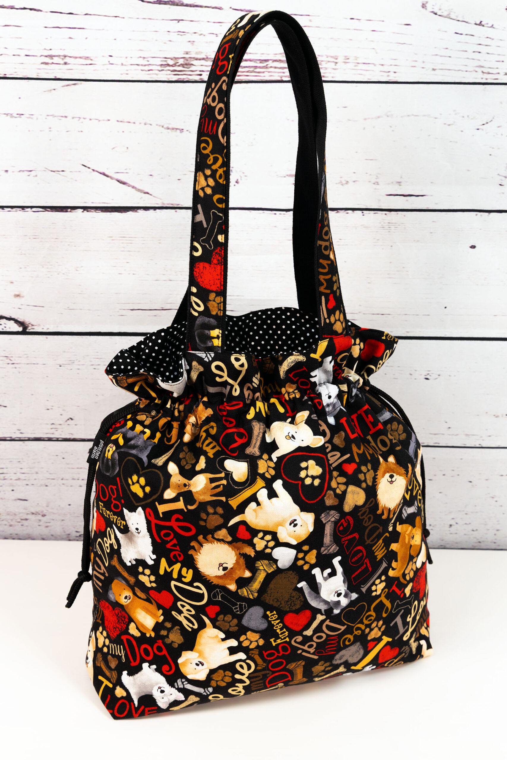 🧵 Handgemachte Handtasche I love my dog - Innenfutter Punkte schwarz