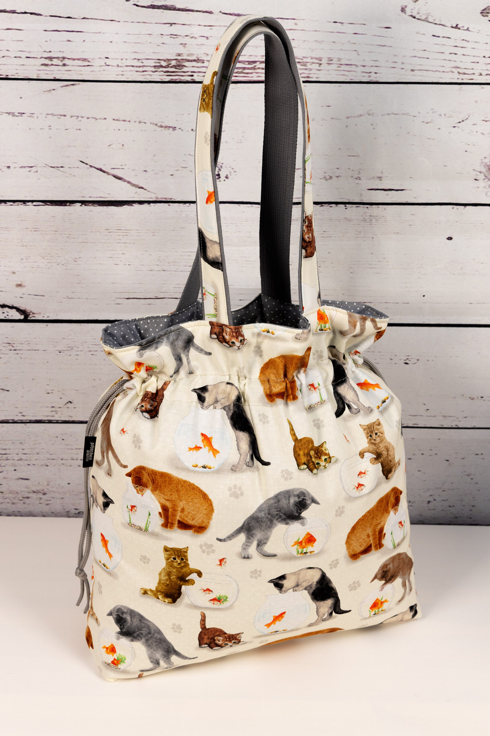 🧵 Handgemachte Handtasche Katzen 49 - Innenfutter Punkte grau