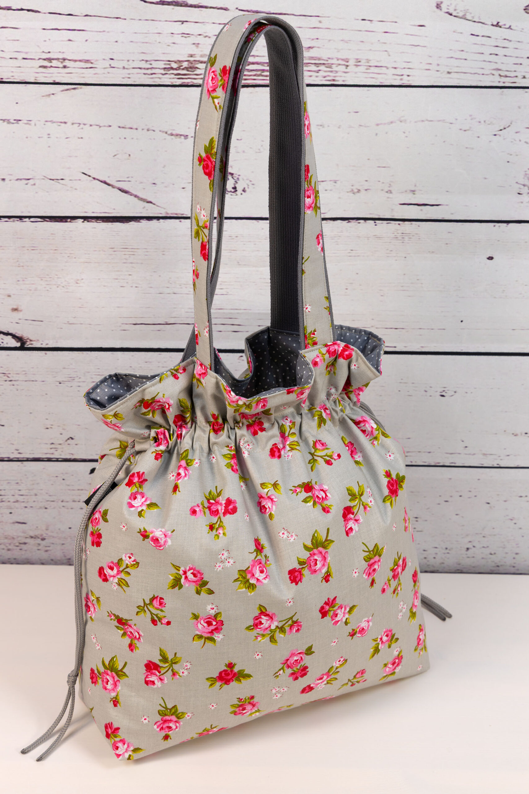 🧵 Handgemachte Handtasche Rosen 2 - Innenfutter Punkte grau