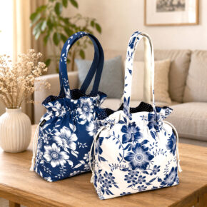 🧵 Set Handtaschen Blaue Blüten - Innenfutter Punkte blau