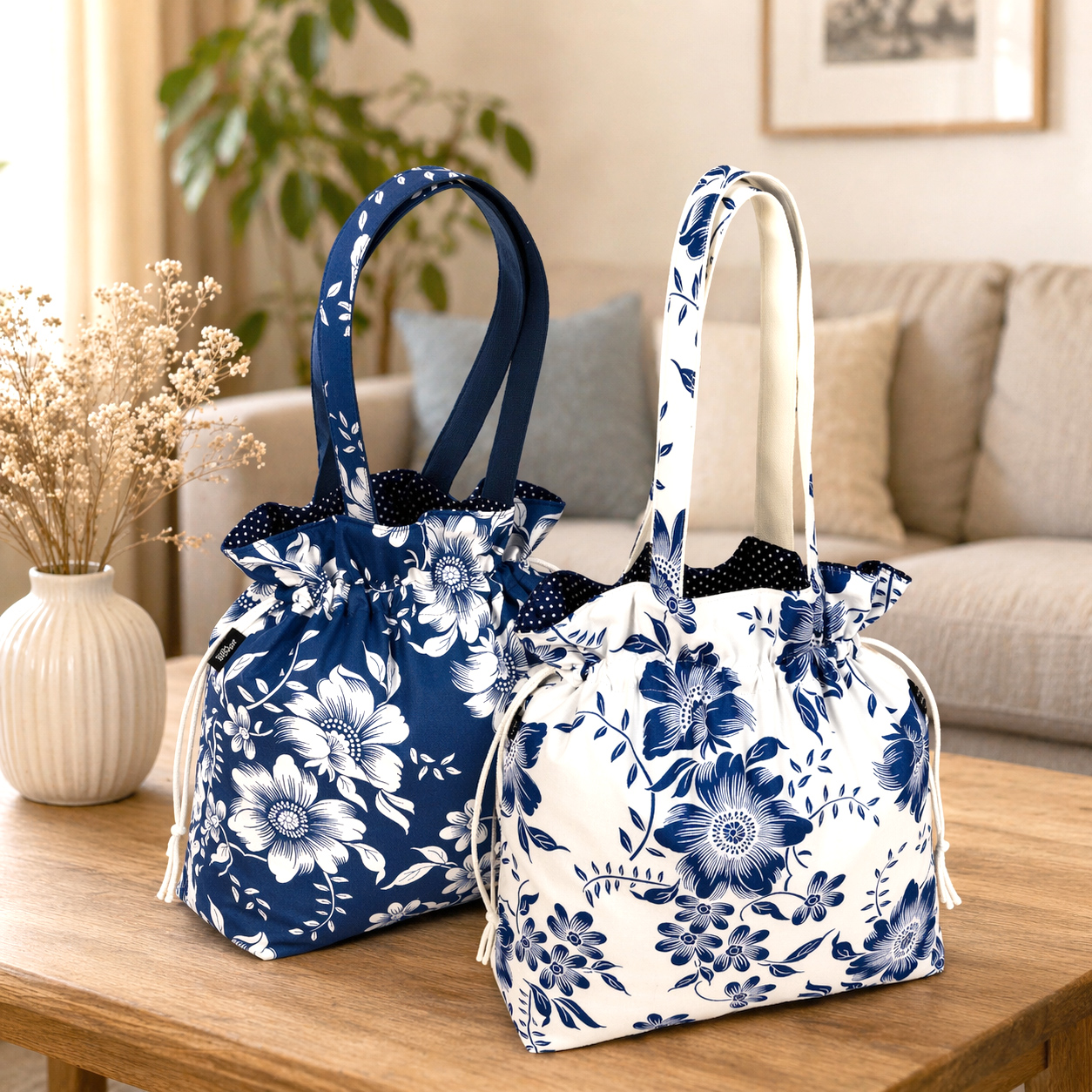 🧵 Set Handtaschen Blaue Blüten - Innenfutter Punkte blau