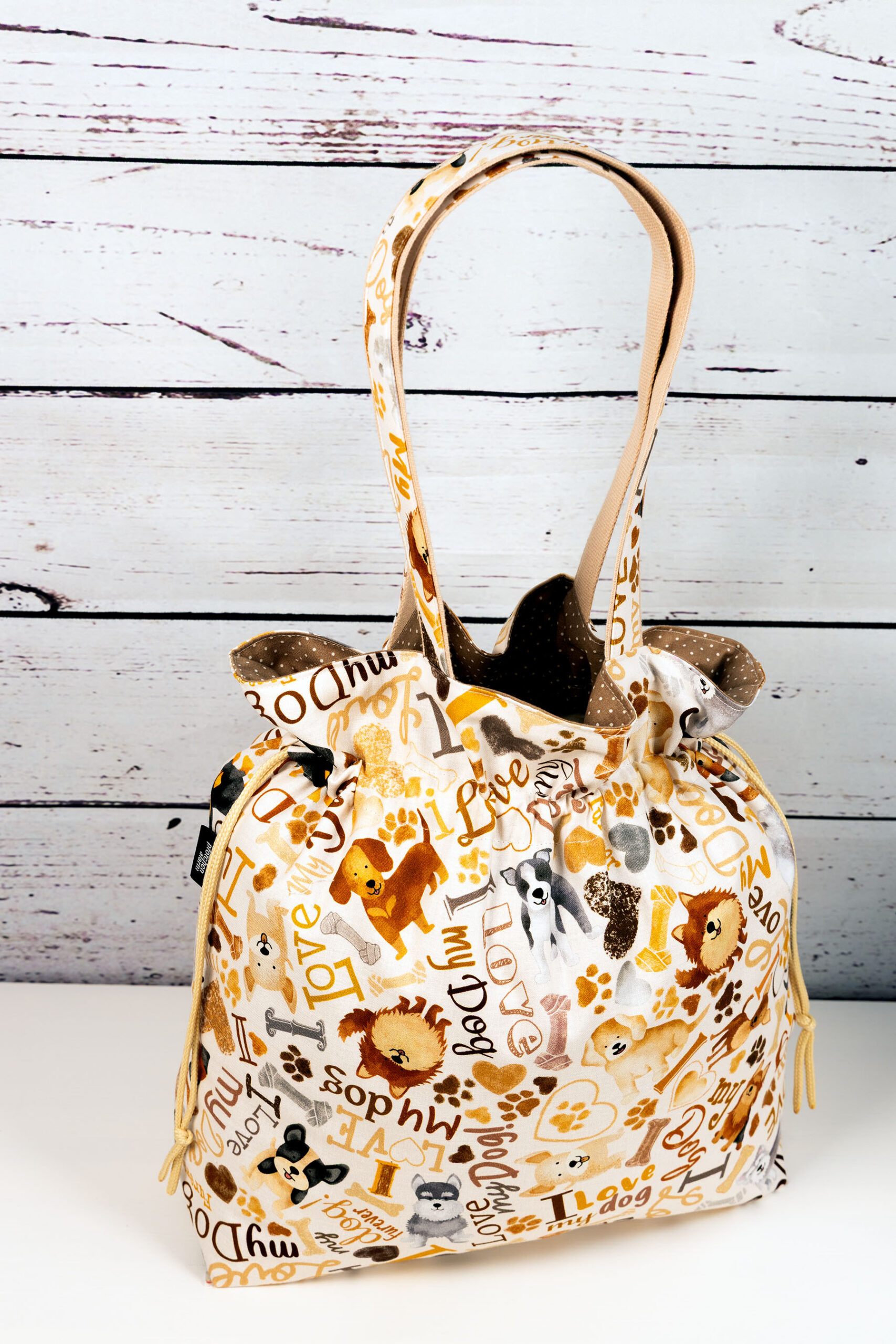 🧵 Handgemachte Handtasche I love my dog beige - Innenfutter Punkte beige