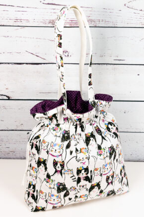 🧵 Handgemachte Handtasche Katzen 50 - Innenfutter Punkte aubergine