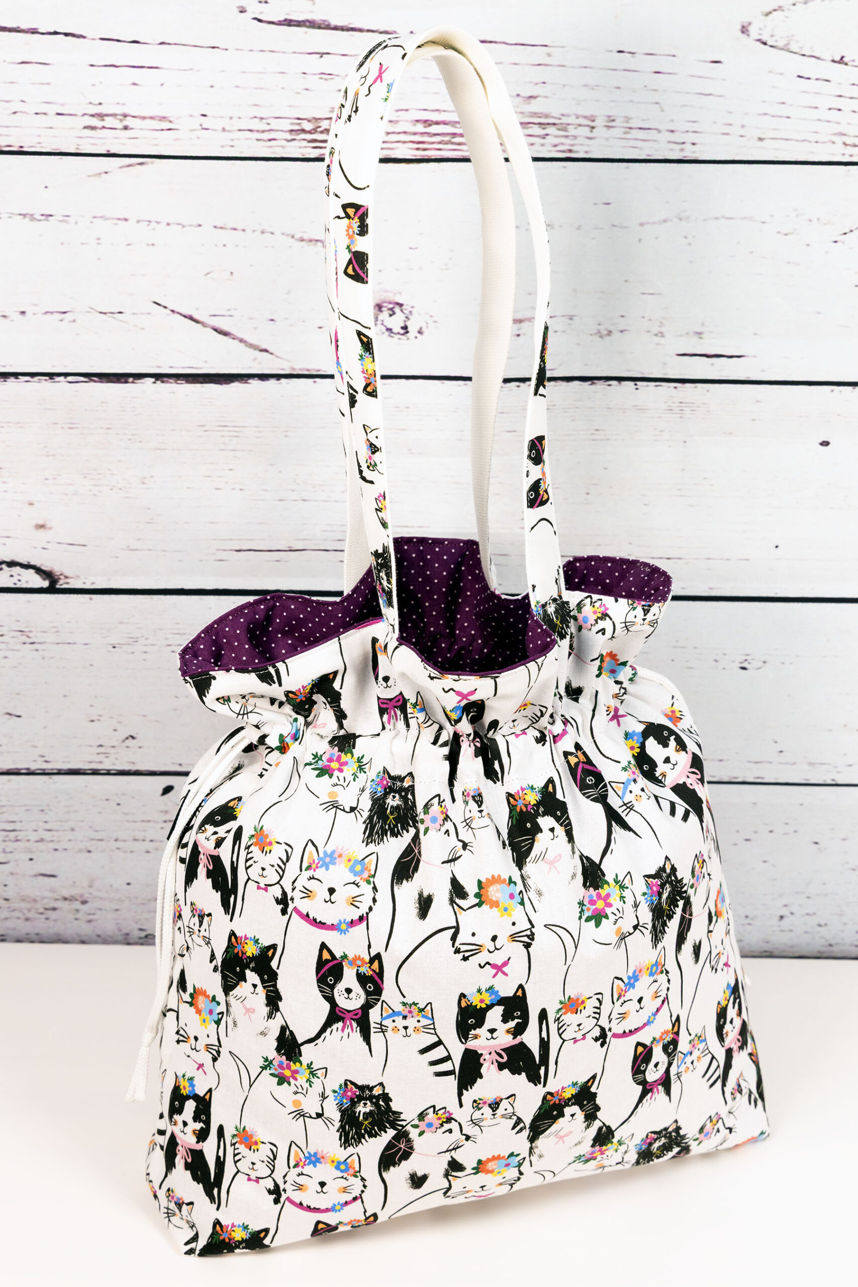 🧵 Handgemachte Handtasche Katzen 50 - Innenfutter Punkte aubergine